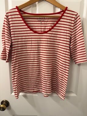 LOFT Red & White Striped Scoop Neck Tee